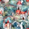 Watercolor seamles pattern with cartoon medieval castles and bridges. Ornate wallpaper, texture design for gift wrap. Generative