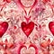 Watercolor seamles pattern with hearts and flowers. Whimsical romantic background for textile fabric. Generative AI