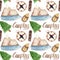 Watercolor seamless adventure pattern, with nature and camping elements.