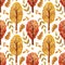 Watercolor seamless autumn pattern, bright tree and various leaves on white background.