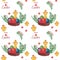 Watercolor seamless background with Easter chicken, egg, dots, flower
