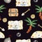 Watercolor seamless background illustration of a pirate set of treasure chest, map, coins, palm tree, shovel, shells. An