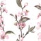 Watercolor seamless blooming handmade apple tree, spring, flowering time, bees