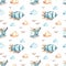 Watercolor seamless boho pattern for boys with airship, helicopter, clouds on white background