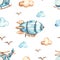 Watercolor seamless boho pattern for boys with airship, helicopter, clouds on white background