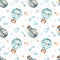 Watercolor seamless boho pattern for boys with hot air balloons, stars, clouds on a white background