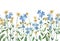 Watercolor seamless border of blue forget-me-not and yellow wildflowers with green leaves on white background