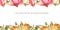 Watercolor seamless border with colored pumpkins, leaves, flowers