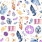 Watercolor seamless border patterns with little ballerinas, Pointe shoes, ballet accessories and flowers on white and