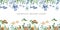 Watercolor seamless border with underwater creatures, sea turtle, shark, octopus, algae, corals