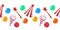 Watercolor seamless borders with circus animals and holiday paraphernalia, balloons, banners, magic wands, cotton candy and popcor