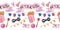 Watercolor seamless borders with circus animals and holiday paraphernalia, balloons, banners, magic wands, cotton candy and popcor