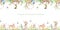 Watercolor seamless borders with easter bunnies, easter eggs, basket, nest, titmouse, butterfly, grass, flowers