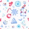Watercolor seamless Christmas or New Year pattern with snowman, snowflakes, snowballs