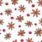 Watercolor seamless Christmas and New Year seamless pattern of star anises and cranberries isolated on white background.