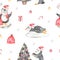 Watercolor seamless christmas pattern with cute penguins, arctic animals, with christmas tree, gifts, snowflakes