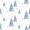 Watercolor seamless Christmas pattern with floral forest tree, snowflakes, branches. Penguin winter snow hand drawn