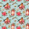 Watercolor seamless Christmas pattern with holiday symbols. Hand painted bullfinch, lantern with candle, poinsettia