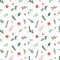 Watercolor seamless Christmas pattern with holly, berries, branches of spruce, pine, holly flower, leaves on a white background