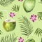 Watercolor seamless exotic pattern coconut wih palm leaf and flower on color background