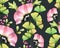 Watercolor seamless floral pattern. Abstract tulip flowers, gingko leaves on dark grey background. Isolated hand drawn