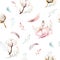 Watercolor seamless floral pattern with cotton. Bohemian natural patterns: leaves, feathers, flowers, rose boho white