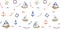 Watercolor seamless hand drawn nautical pattern with vessels, ships, sailboats, anchors, wheel , lifebuoys, garlands of