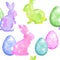 Watercolor seamless hand drawn pattern with Easter eggs bunnies on glitter shimmer shiny texture, magic mystic crystals