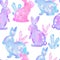 Watercolor seamless hand drawn pattern with Easter eggs bunnies on glitter shimmer shiny texture, magic mystic crystals