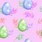 Watercolor seamless hand drawn pattern with Easter eggs bunnies on glitter shimmer shiny texture, magic mystic crystals