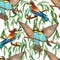 Watercolor seamless hand drawn pattern with kingfisher bee-eater birds in forest woodland. Willife natural vintage