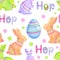 Watercolor seamless hand drawn pattern with orange purple Easter bunnies rabbits blue Easter eggs on pastel polka dot