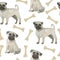 Watercolor seamless hand drawn pattern with pugs dogs breed isolated on white background. Funny cute cartoon pet animals