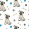 Watercolor seamless hand drawn pattern with pugs dogs breed isolated on white background. Funny cute cartoon pet animals