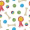 Watercolor seamless hand drawn pattern with puppy dog animal top medal award green and blue ball toys brown beige bone