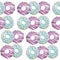 Watercolor seamless hand drawn pattern of sweet delicious tasty baked pastry donuts of pink violet lavender lilac mint