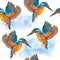 Watercolor seamless hand drawn pattern with wild kingfisher bee-eater birds in forest woodland. Wildlife natural vintage