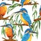 Watercolor seamless hand drawn pattern with wild kingfisher bee-eater birds in forest woodland. Wildlife natural vintage
