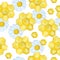 Watercolor seamless hand drawn pattern with yellow honeycomb geometric abstract design and blue daisy flowers. Bumble