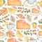 Watercolor seamless homemade pies desserts, tea cup with lemon and peony with leaves background.Hand drawn beverages and baking