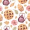 Watercolor seamless homemade pies and desserts, tea pot and peony with leaves background.Hand drawn beverages and baking seamless