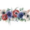 Watercolor seamless horizontal floral border. Hand painted bouquet with red, white and blue anemone, eucalyptus leaves