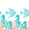 Watercolor seamless horizontal pattern. Sea illustration. Seahorse, seaweed, coral, fish on white background. Hand drawn