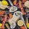 Watercolor seamless kitchen pattern, consists of cook knives and cutting board, seafood,