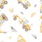 Watercolor seamless multidirectional pattern with construction vehicles, excavator, truck crane, grader, loader on a white
