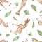 Watercolor seamless multidirectional pattern with cute giraffes and tropical leaves