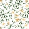 Watercolor seamless multidirectional pattern with flowers, leaves, branches, foliage of St. John`s wort