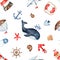 Watercolor seamless multidirectional pattern with lighthouse, whale, anchor, helm, ships