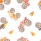 Watercolor seamless multidirectional pattern with monster trucks and fire