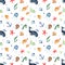 Watercolor seamless multidirectional pattern with sea creatures, whale, fish, jellyfish, shells, seaweed on a white background